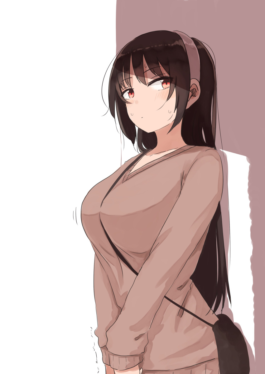 1girl absurdres bag between_breasts black_hair blush breasts brown_sweater closed_mouth commentary_request dark_skin eyebrows_visible_through_hair hairband highres huge_breasts long_hair long_sleeves looking_at_viewer original pleated_skirt red_eyes rucchiifu shoulder_bag skirt solo standing strap_cleavage sweatdrop sweater upper_body