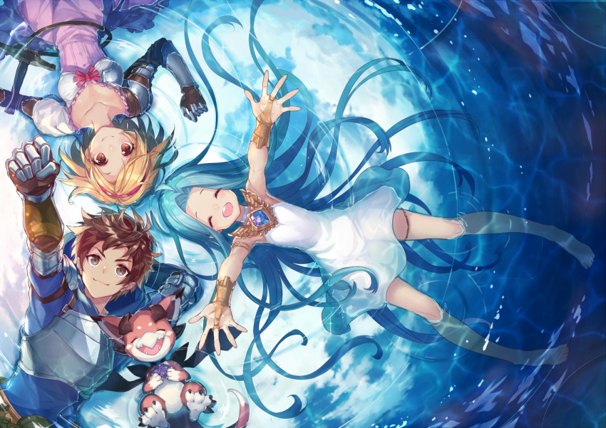 1boy 2girls :d ^_^ achan_(blue_semi) afloat arm_behind_head armor barefoot blonde_hair blue_hair breastplate breasts brown_eyes brown_hair clenched_hand closed_eyes closed_mouth collarbone djeeta_(granblue_fantasy) dress fangs from_above gauntlets gran_(granblue_fantasy) granblue_fantasy hairband long_hair looking_at_viewer lying lyria_(granblue_fantasy) medium_breasts multiple_girls on_back open_mouth outstretched_arm outstretched_arms raised_fist ripples sheath sheathed short_hair smile sword v-shaped_eyebrows vee_(granblue_fantasy) very_long_hair water weapon white_dress