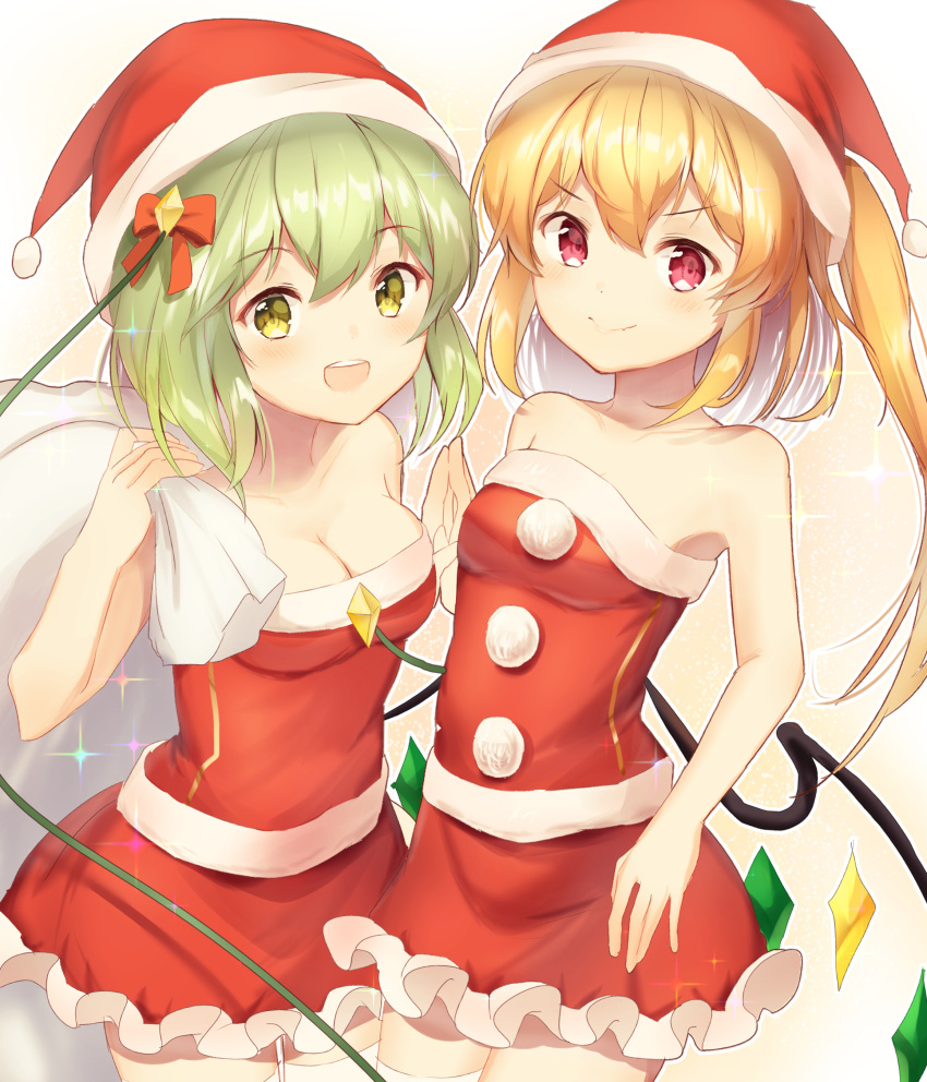 &gt;:) 2girls :d absurdres alternate_costume bare_arms bare_shoulders blonde_hair bow breasts cleavage commentary_request flandre_scarlet green_eyes green_hair hair_bow highres holding_sack komeiji_koishi looking_at_viewer medium_breasts multiple_girls neno_(nenorium) open_mouth pom_pom_(clothes) red_bow sack santa_costume short_hair side_ponytail small_breasts smile strapless touhou wings