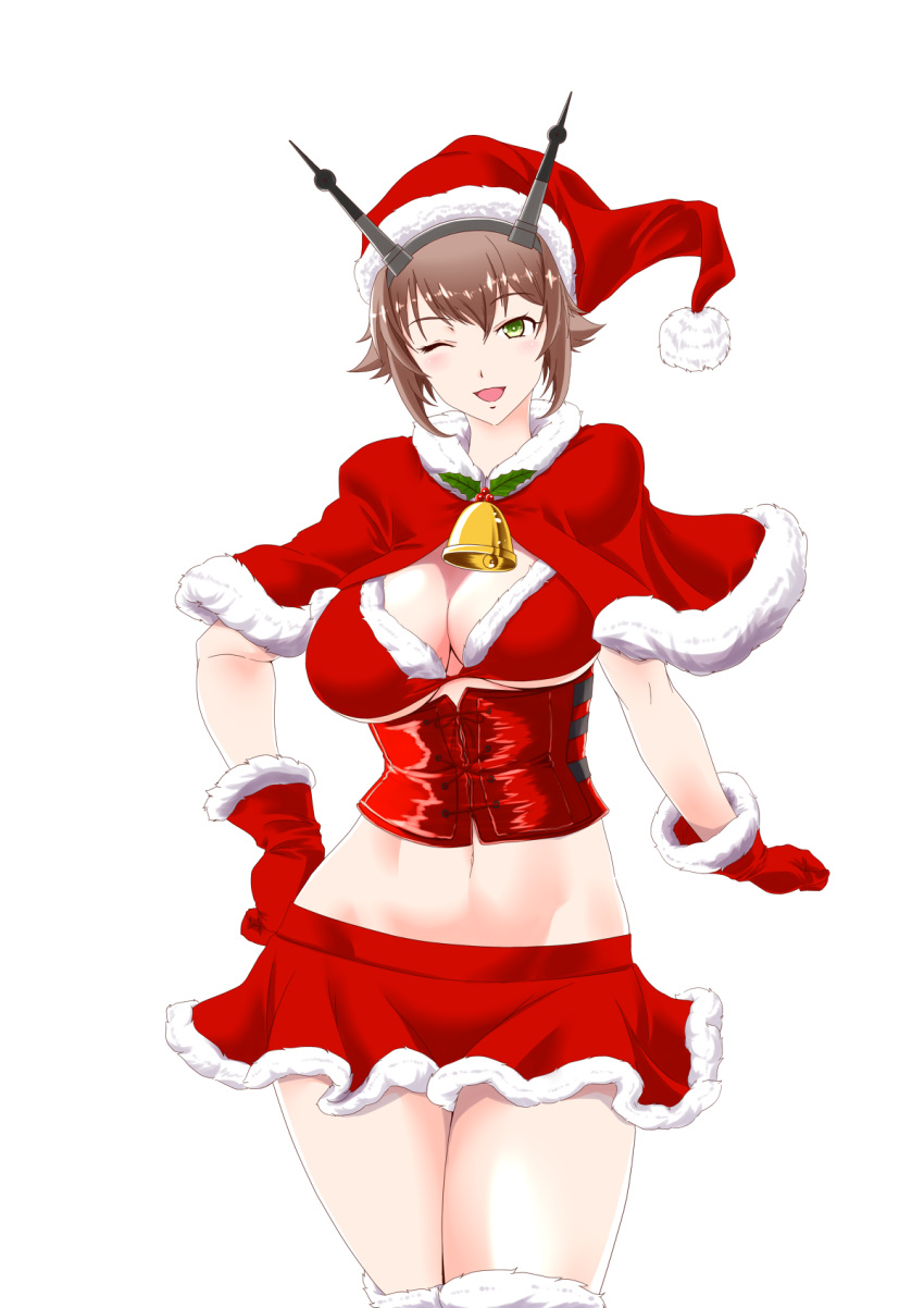 1girl alternate_costume bell bra breasts brown_hair capelet cleavage gloves green_eyes hat headgear highres kantai_collection kiriki_haruomi large_breasts looking_at_viewer midriff mutsu_(kantai_collection) navel one_eye_closed open_mouth red_bra red_gloves red_skirt santa_hat short_hair simple_background skirt solo thighs underwear upper_body white_background