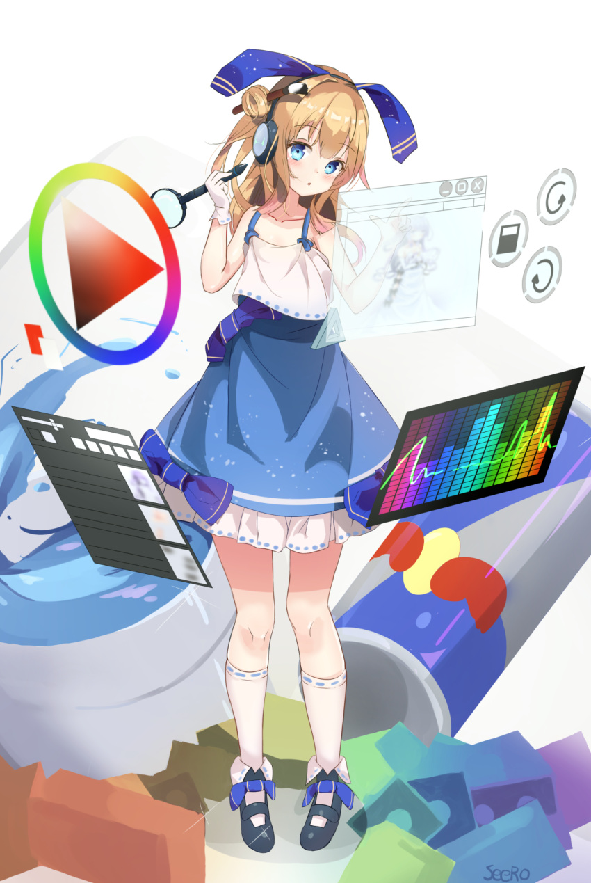 1girl :o artist_name azur_lane bangs bare_arms bare_shoulders black_footwear blue_eyes blue_ribbon blue_skirt blush camisole can collarbone commentary_request eyebrows_visible_through_hair full_body gloves hair_between_eyes hair_bun hair_ribbon head_tilt headphones highres holding holding_stylus kneehighs light_brown_hair long_hair looking_at_viewer magnifying_glass original paintbrush parted_lips pigeon-toed red_bull ribbon seero shoes side_bun single_glove skirt solo standing stylus unicorn_(azur_lane) white_camisole white_gloves white_legwear