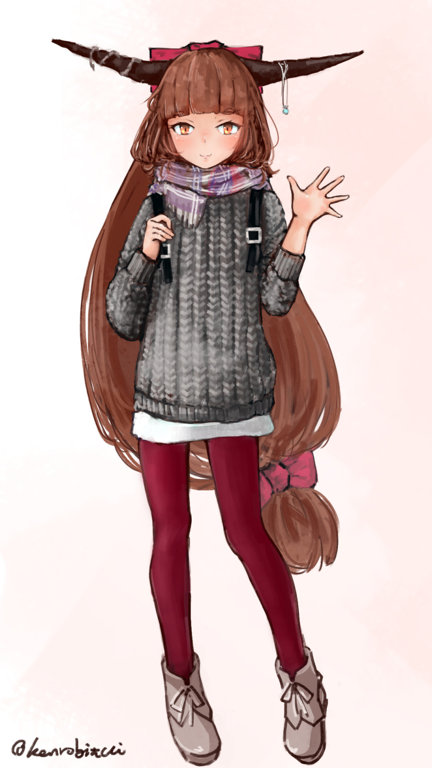 1girl alternate_costume artist_name bangs blunt_bangs bow brown_eyes brown_hair casual contemporary full_body gradient gradient_background grey_sweater hair_bow hand_up highres horns ibuki_suika kanrobi long_hair looking_at_viewer low-tied_long_hair pantyhose pink_background pink_bow red_bow red_legwear scarf shoes solo touhou very_long_hair waving white_background white_footwear