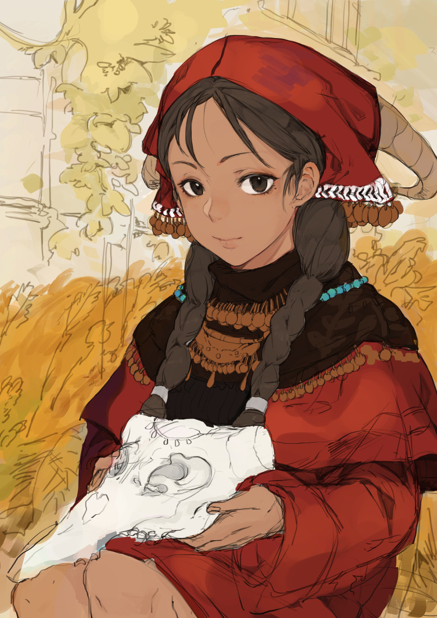 1girl absurdres black_eyes black_hair bush capelet closed_mouth commentary_request copyright_request dress hair_over_shoulder highres hiranko light_smile long_sleeves looking_at_viewer mole mole_under_eye outdoors red_dress sitting sketch skull solo