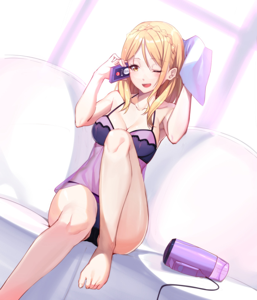 1girl ;d absurdres arm_behind_head barefoot blonde_hair braid breasts cellphone cleavage commentary_request crown_braid dutch_angle ginopi hair_dryer highres holding holding_phone knee_up lingerie long_hair love_live! love_live!_sunshine!! medium_breasts ohara_mari one_eye_closed open_mouth panties phone sitting smartphone smile solo towel underwear yellow_eyes