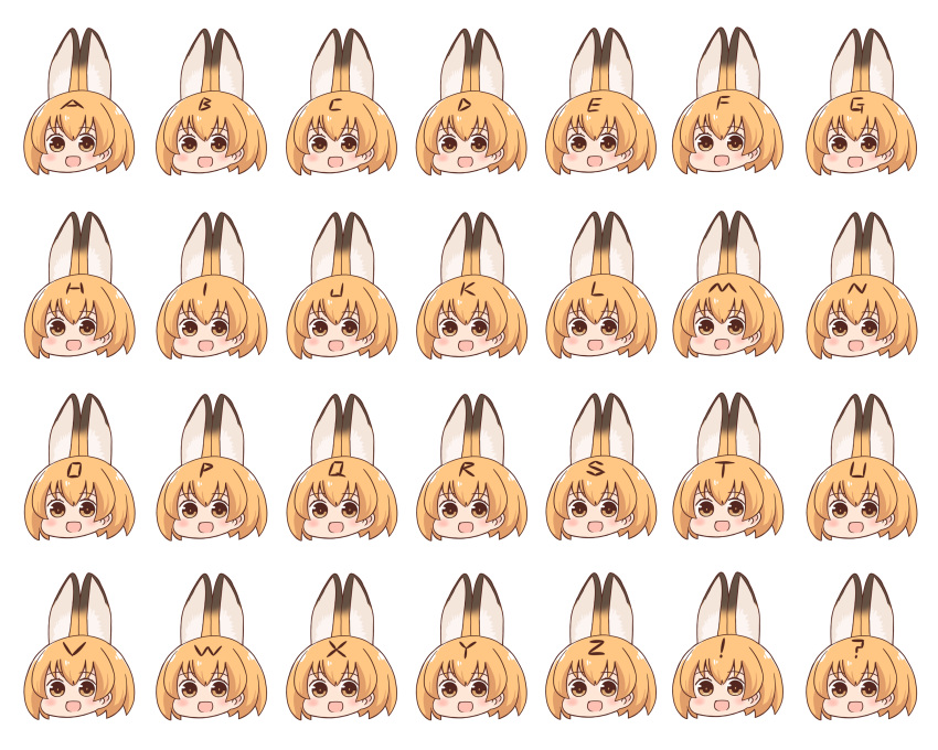 1girl :d absurdres alphabet batta_(ijigen_debris) blush_stickers chart commentary_request creatures_(company) face game_freak highres kemono_friends multiple_views nintendo open_mouth orange_eyes orange_hair parody pokemon serval_(kemono_friends) short_hair smile tokyo_mx transparent_background unown