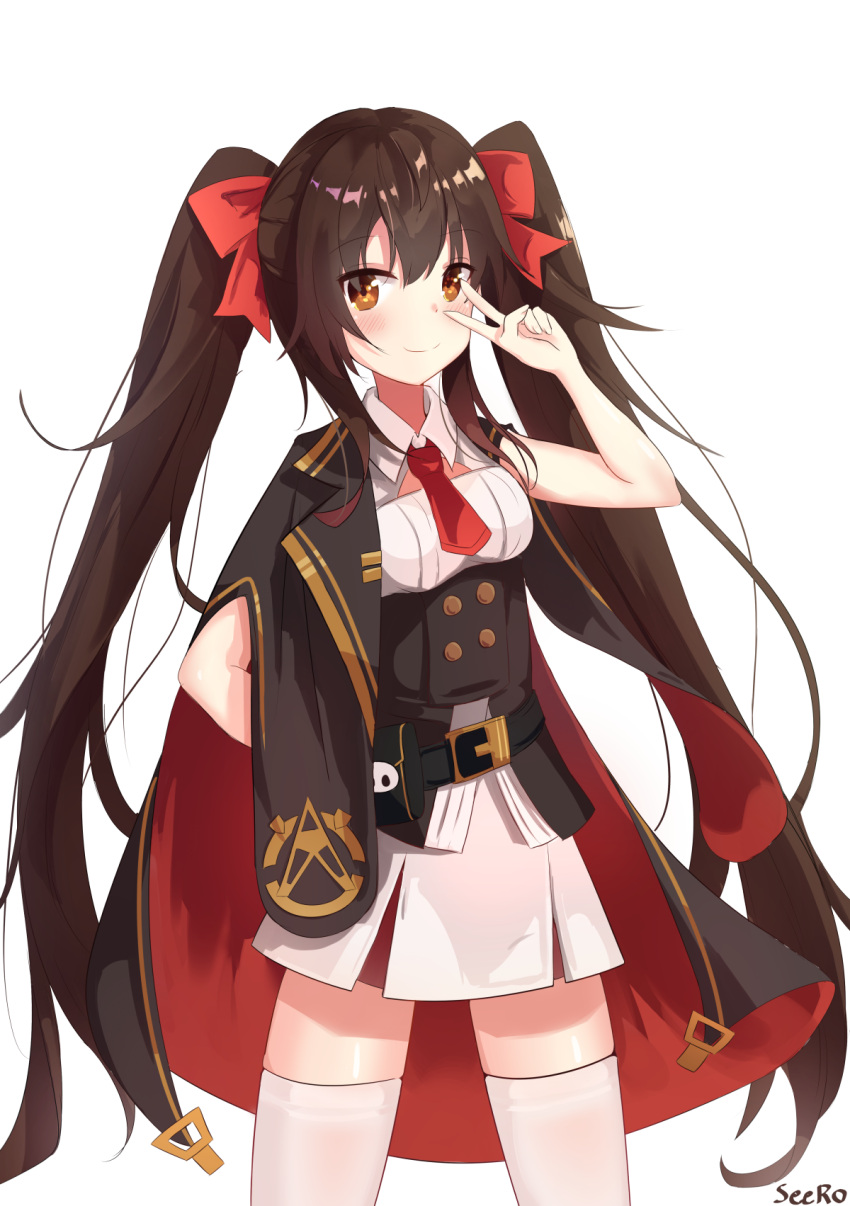 1girl artist_name bag bangs belt_buckle black_belt black_cape blush bow breasts brown_eyes brown_hair buckle cape closed_mouth collared_shirt commentary_request cowboy_shot eyebrows_visible_through_hair girls_frontline hair_between_eyes hair_bow hand_on_hip highres long_hair looking_at_viewer medium_breasts necktie pleated_skirt qbz-97_(girls_frontline) red_bow red_neckwear satchel seero shirt short_necktie signature simple_background skirt smile solo thigh-highs twintails underbust v_over_eye very_long_hair white_background white_legwear white_shirt white_skirt