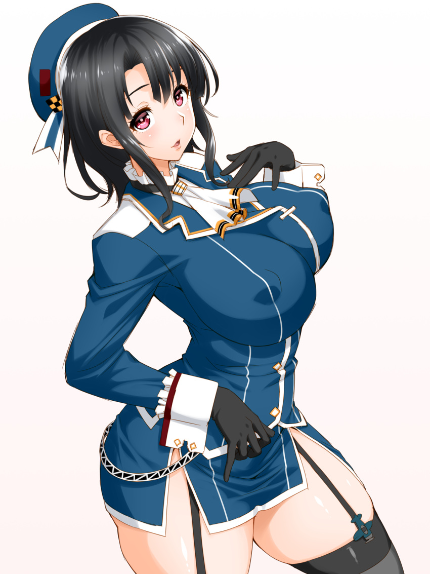 1girl ass beret black_gloves black_hair black_legwear blue_hat blush breasts erect_nipples garter_straps gloves hand_on_own_chest hat highres jacket kantai_collection large_breasts long_sleeves military military_uniform miniskirt r44 red_eyes short_hair simple_background skirt solo standing takao_(kantai_collection) thigh-highs uniform white_background