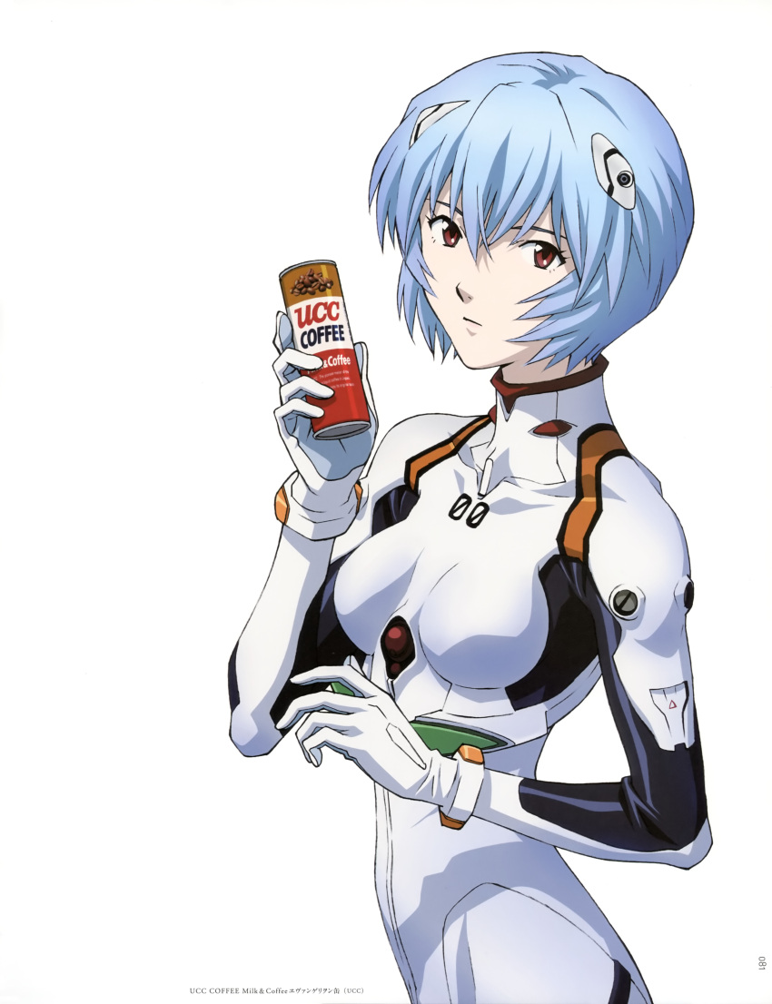 1girl absurdres ayanami_rei blue_hair bodysuit breasts can canned_coffee coffee covered_collarbone evangelion:_2.0_you_can_(not)_advance hair_ornament highres holding looking_at_viewer matsubara_hidenori medium_breasts neon_genesis_evangelion official_art page_number pilot_suit plugsuit product_placement rebuild_of_evangelion red_eyes scan short_hair simple_background solo ucc_coffee white_background white_bodysuit