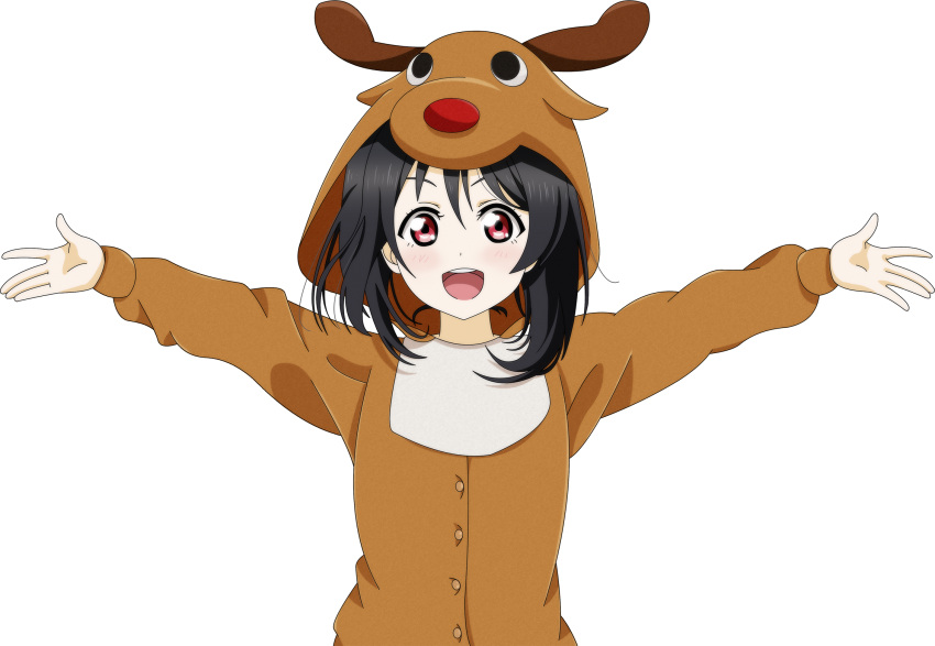 1girl animal_costume black_hair christmas cosplay highres kigurumi looking_at_viewer love_live! love_live!_school_idol_project open_mouth outstretched_arms red_eyes reindeer_costume showers-u smile solo upper_body yazawa_nico