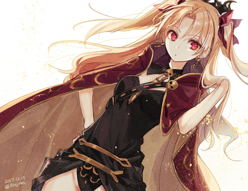 1girl bangs between_breasts black_dress black_leotard blonde_hair bow breasts cloak dated dress dutch_angle earrings ereshkigal_(fate/grand_order) eyebrows_visible_through_hair fate/grand_order fate_(series) hair_bow hand_in_hair hand_on_hip hand_up highres jewelry leotard long_hair looking_at_viewer minatsuki_(lapislazzuli169) parted_bangs purple_bow pursed_lips red_eyes skull small_breasts solo strap_cleavage tohsaka_rin twitter_username wavy_hair