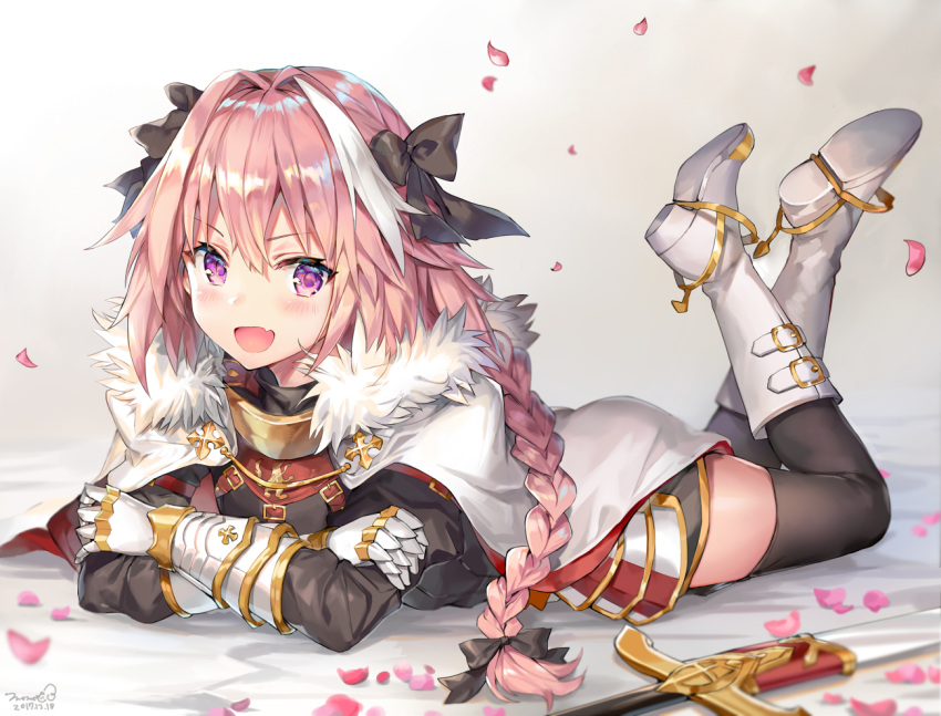 1boy :d armor astolfo_(fate) bangs bed_sheet black_bow black_legwear blush boots bow braid cape collar crossed_ankles fang fate/apocrypha fate_(series) faulds fur-trimmed_cape fur_trim gauntlets gradient gradient_background grey_background hair_between_eyes hair_bow knee_boots long_hair looking_at_viewer male_focus momoko_(momopoco) multicolored_hair open_mouth petals pink_hair shiny shiny_hair single_braid smile solo streaked_hair sword thigh-highs thighhighs_under_boots trap v-shaped_eyebrows very_long_hair violet_eyes weapon white_cape white_footwear white_hair zettai_ryouiki