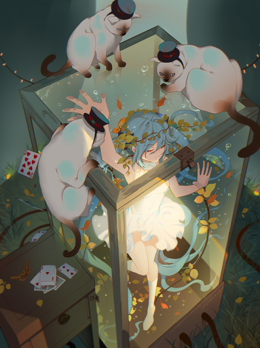 1girl absurdly_long_hair card cat closed_eyes dated dress fish from_above full_body grass hat hatsune_miku highres in_container key kneehighs lian_yao lock long_hair padlock playing_card submerged top_hat twintails very_long_hair vocaloid white_dress