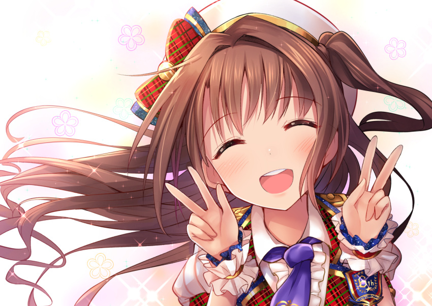 1girl :d ascot badge bangs beret blouse blue_neckwear blush bow brand_new_seasons brown_hair closed_eyes collared_blouse double_v eyebrows_visible_through_hair facing_viewer flower hair_intakes hands_up hat hat_bow head_tilt idolmaster idolmaster_cinderella_girls long_hair one_side_up open_mouth plaid plaid_bow plaid_vest puffy_short_sleeves puffy_sleeves red_bow red_vest round_teeth shimamura_uzuki short_sleeves smile solo sparkle starry_sky_print teeth u_rin upper_body v vest wavy_hair white_background wind wrist_cuffs