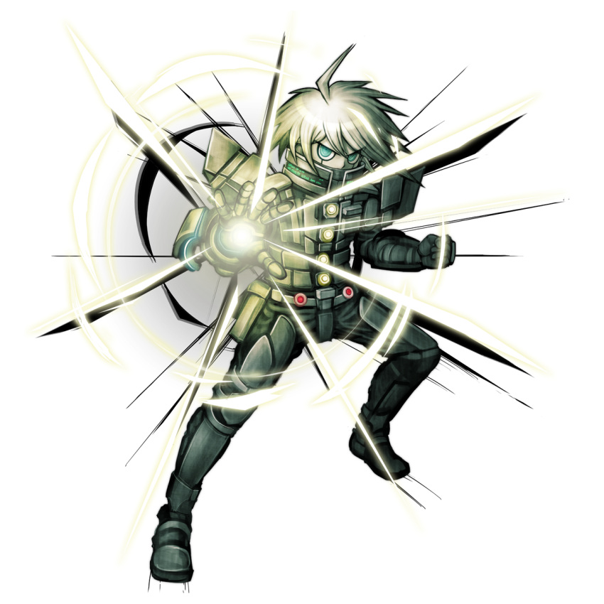1boy ahoge android bangs blue_eyes clenched_hand covering_mouth dangan_ronpa full_body highres keebo_(dangan_ronpa) komatsuzaki_rui light looking_at_viewer male_focus new_dangan_ronpa_v3 official_art outstretched_hand power_armor silver_hair solo standing
