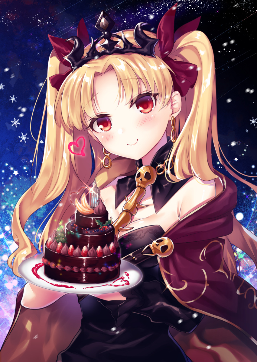 1girl bangs black_leotard blonde_hair blush cake cape chocolate_cake earrings ereshkigal_(fate/grand_order) fate/grand_order fate_(series) food heart highres holding_cake jewelry kisaragi_saki leotard long_hair looking_at_viewer parted_bangs red_eyes red_ribbon ribbon single_sleeve skull smile snowing spine tiara tohsaka_rin tray two_side_up