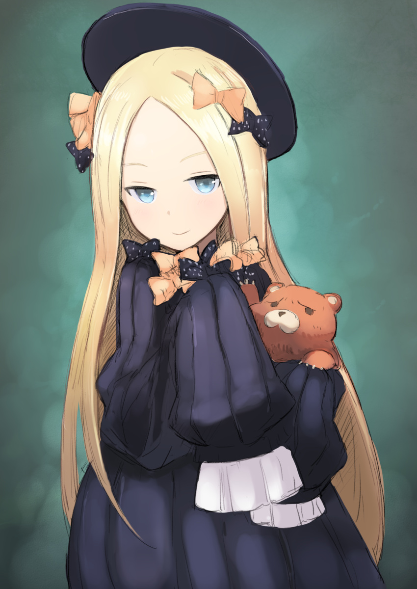 1girl abigail_williams_(fate/grand_order) arashishi bangs black_bow black_dress black_hat blonde_hair blue_eyes blush bow butterfly closed_mouth commentary_request dress fate/grand_order fate_(series) forehead green_background hair_bow hat highres long_hair long_sleeves looking_at_viewer object_hug orange_bow orion_(fate/grand_order) parted_bangs polka_dot polka_dot_bow sketch sleeves_past_wrists smile stuffed_animal stuffed_toy teddy_bear very_long_hair