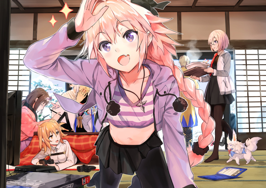 3boys 4girls :d all_fours astolfo_(fate) black_legwear black_skirt book braid brown_hair character_request closed_eyes closed_mouth commentary_request crop_top day eyebrows_visible_through_hair fang fate/grand_order fate_(series) fou_(fate/grand_order) fujimaru_ritsuka_(female) glasses hair_ornament indoors jacket jewelry kotatsu long_hair looking_at_viewer lying mash_kyrielight merlin_(fate/stay_night) multiple_boys multiple_girls nanotaro navel necklace on_stomach one_side_up open_mouth orange_eyes orange_hair osakabe-hime_(fate/grand_order) pantyhose pink_hair pleated_skirt purple_hair purple_jacket single_braid skirt smile snow sparkle table tatami trap under_kotatsu under_table violet_eyes walking