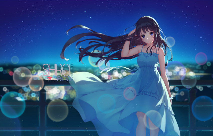 1girl arm_at_side arm_up artist_name backlighting bangs bare_arms bare_shoulders black_hair blue_dress blue_eyes blurry bokeh character_name city_lights closed_mouth collarbone depth_of_field dress floating_hair frilled_dress frills hand_in_hair hibike!_euphonium highres kousaka_reina kurenaiz lens_flare long_hair looking_at_viewer night night_sky outdoors railing scrunchie sky sleeveless sleeveless_dress solo standing star_(sky) starry_sky sundress tareme very_long_hair wind wrist_scrunchie