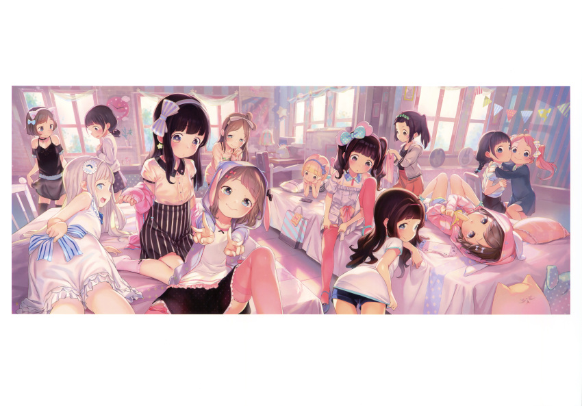 6+girls :d absurdres ahoge bangs bed black_shirt black_skirt blonde_hair blue_eyes blush bow brown_hair child chin_rest closed_mouth cushion day green_eyes grey_skirt hair_bow hairband henreader high-waist_skirt highres hood hoodie indoors kneeling knees_together_feet_apart looking_at_viewer lying multiple_girls on_back on_bed open_clothes open_hoodie open_mouth original panorama pink_legwear purple_skirt redhead shirt short_hair silver_hair sitting skirt smile socks spread_legs striped striped_skirt stuffed_animal stuffed_toy thigh-highs twintails violet_eyes zettai_ryouiki