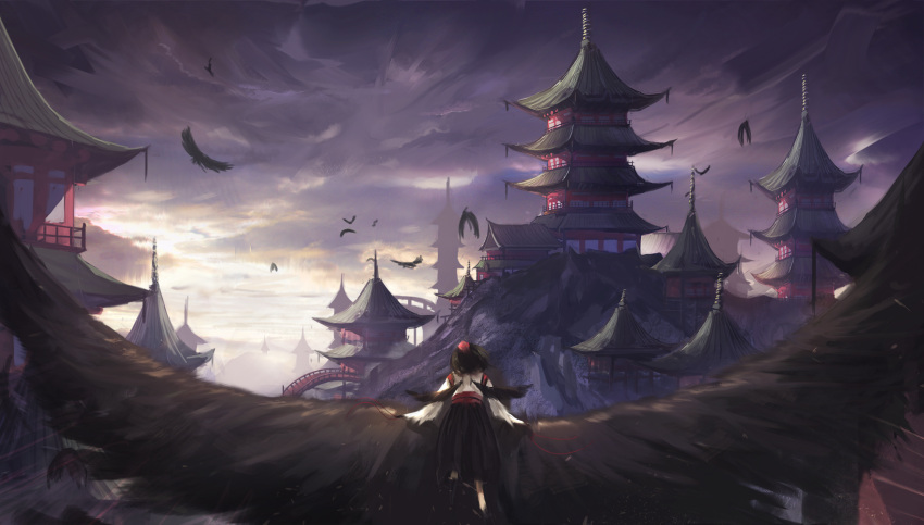 1girl architecture bird black_hair black_skirt black_wings bridge crow east_asian_architecture feathered_wings fjsmu from_behind hat highres kourindou_tengu_costume long_skirt mountain outdoors shameimaru_aya skirt sky solo tokin_hat touhou twilight wings