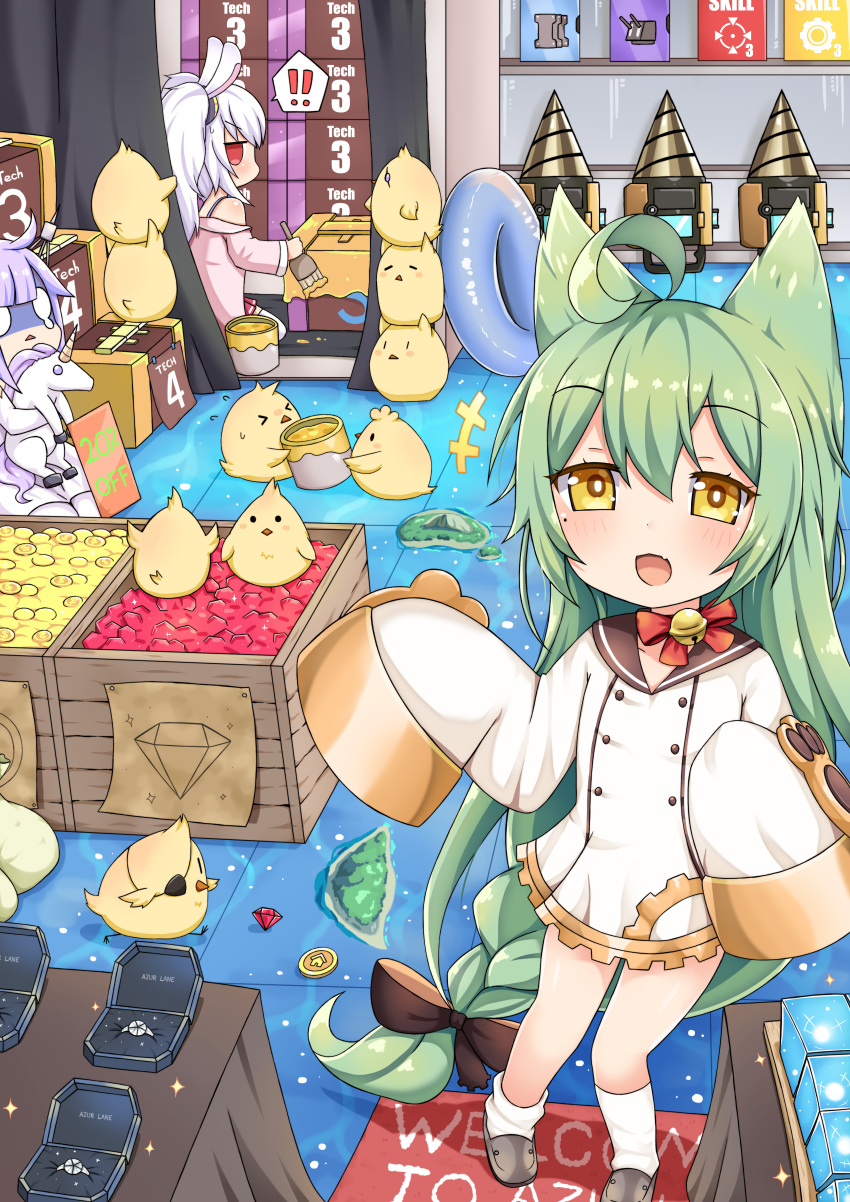 0_0 3girls :3 :d absurdres ahoge akashi_(azur_lane) animal animal_ears azur_lane bangs bell bird black_bow blush bow braid chick coin commentary_request dress drill eyebrows_visible_through_hair eyepatch fang green_hair greenteaneko grey_footwear hair_between_eyes hair_bow hair_ornament highres holding island jacket jewelry jingle_bell laffey_(azur_lane) loafers long_hair long_sleeves looking_at_viewer loose_socks multiple_girls object_hug off_shoulder open_mouth paintbrush painting pink_jacket pleated_skirt purple_hair rabbit_ears red_bow red_eyes red_skirt ring ruby_(stone) sailor_dress shoes silver_hair sitting skirt sleeves_past_wrists smile socks stuffed_animal stuffed_toy stuffed_unicorn teardrop thigh-highs turn_pale twintails unicorn_(azur_lane) very_long_hair wariza wedding_ring white_dress white_legwear yellow_eyes