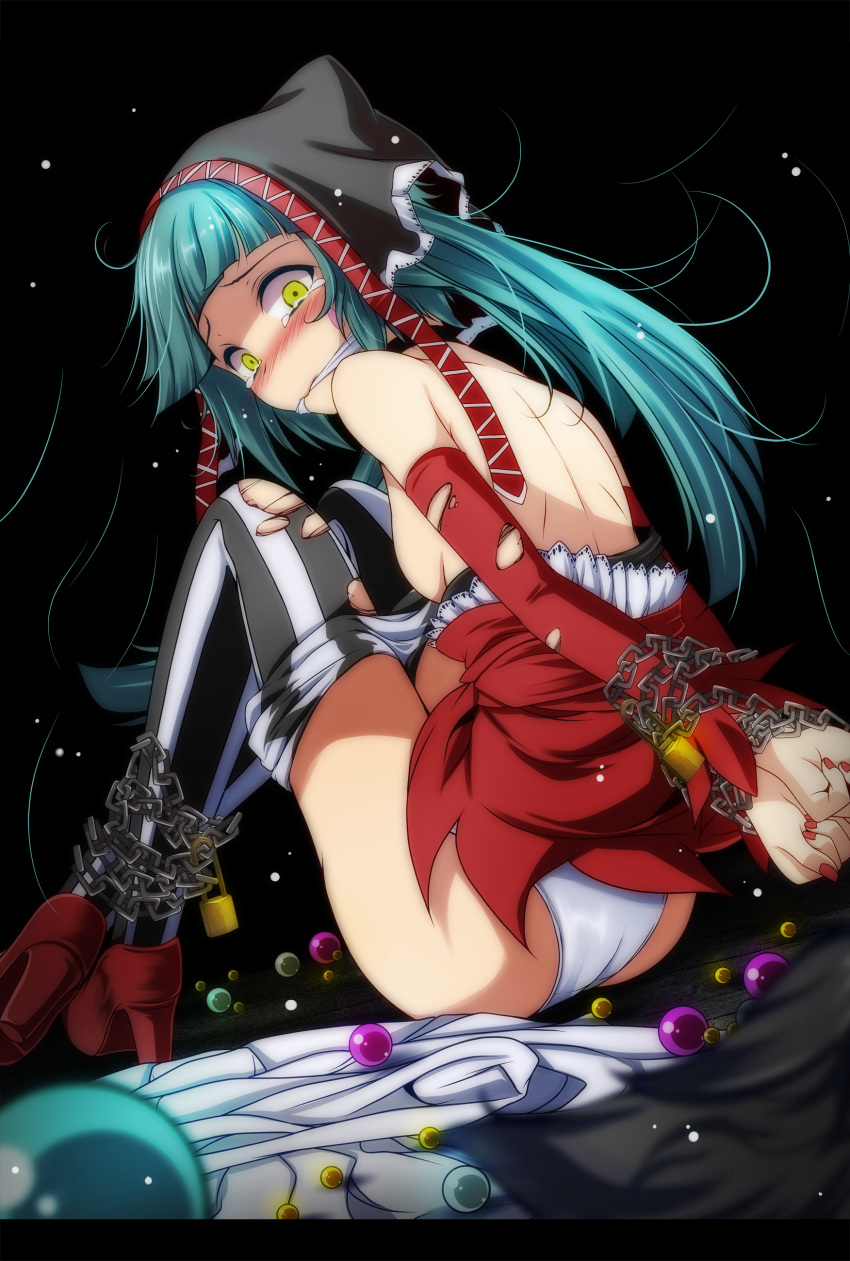 1girl absurdres arms_behind_back ass black_background blue_hair blush breasts chains detached_sleeves hatsune_miku high_heels highres hood long_hair looking_at_viewer nail_polish panties project_diva_(series) red_footwear red_nails restrained sideboob sitting small_breasts solo striped striped_legwear tears thigh-highs torn_clothes torn_sleeves torn_thighhighs tsukishiro_saika twintails underwear vertical-striped_legwear vertical_stripes vocaloid white_panties yellow_eyes