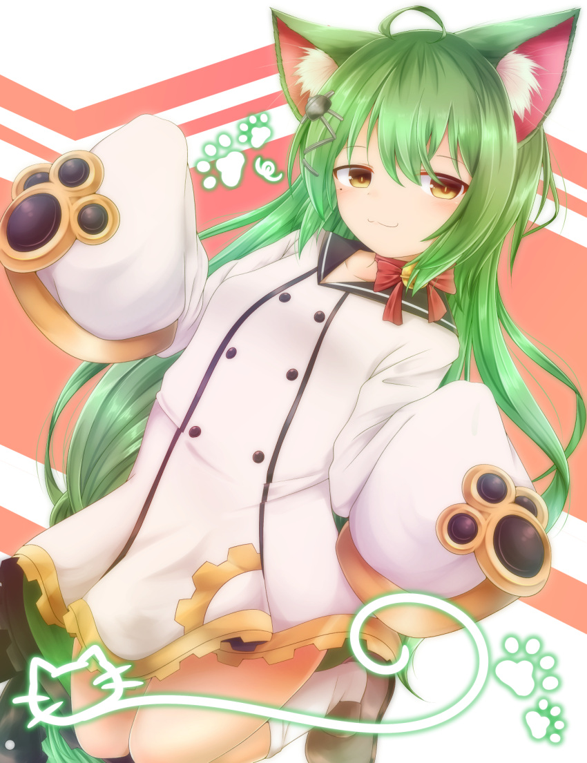 1girl :3 ahoge akashi_(azur_lane) animal_ears azur_lane bangs bell bow brown_eyes brown_footwear cat_ears closed_mouth collarbone commentary_request dress eyebrows_visible_through_hair green_hair hair_between_eyes hair_ornament highres jingle_bell loafers long_hair long_sleeves looking_at_viewer loose_socks nyanuki red_bow sailor_dress shoes sidelocks sleeves_past_wrists socks solo very_long_hair white_dress white_legwear wide_sleeves