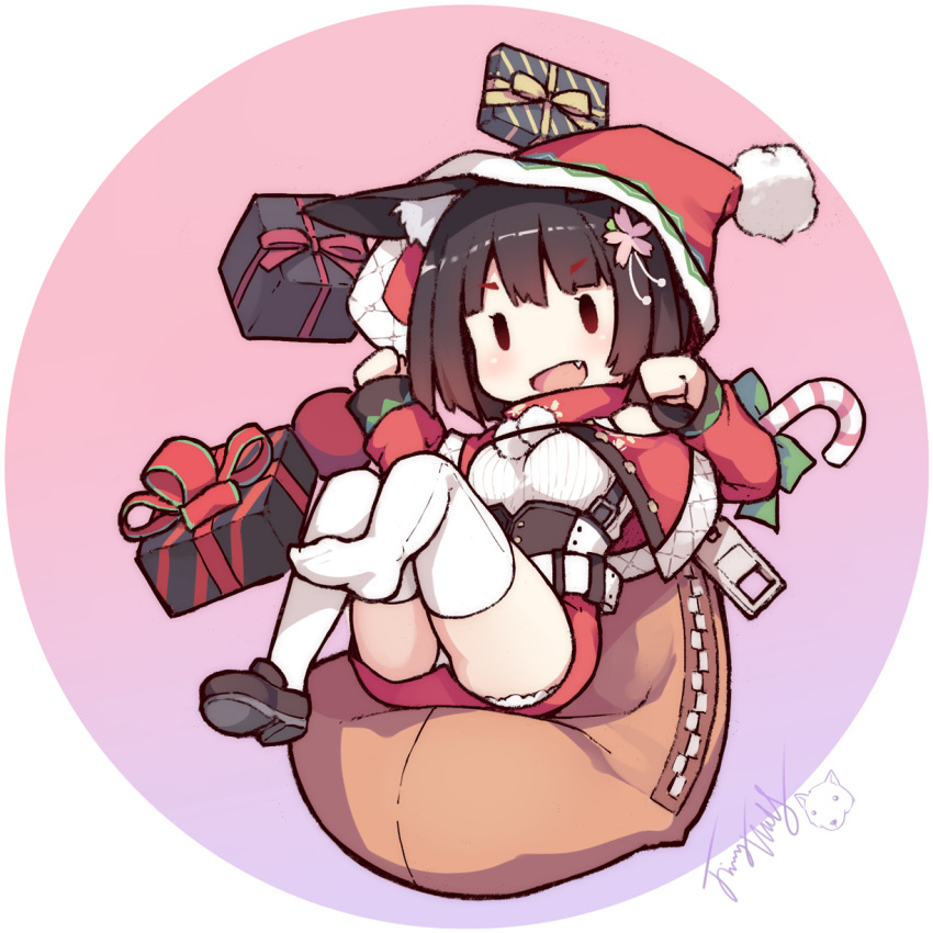 1girl :d animal_ears azur_lane black_hair box breasts brown_footwear candy candy_cane capelet cat_ears chibi christmas commentary_request eyebrows_visible_through_hair fang flower food gift gift_box hair_flower hair_ornament hat highres langbazi long_sleeves medium_breasts open_mouth panties pom_pom_(clothes) red_capelet red_hat red_skirt sack santa_costume santa_hat shirt shoes short_hair signature single_shoe sitting skirt smile solid_oval_eyes solo thigh-highs underwear v-shaped_eyebrows white_belt white_legwear white_panties white_shirt yamashiro_(azur_lane) zipper zipper_pull_tab