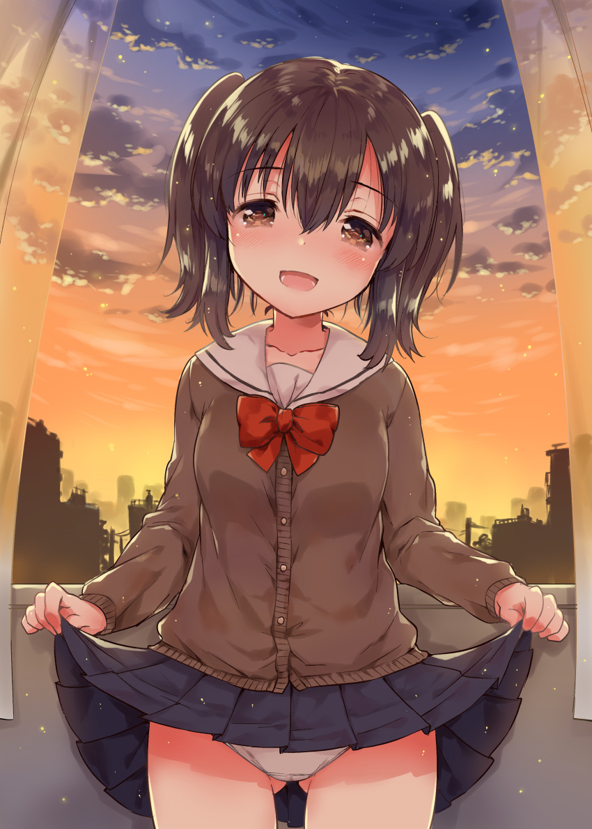 1girl :d absurdres blue_skirt bow bowtie breasts brown_eyes brown_hair cardigan cityscape clouds cloudy_sky cowboy_shot curtains eyebrows_visible_through_hair gluteal_fold gradient_sky hair_between_eyes head_tilt highres ichihaya indoors lifted_by_self long_sleeves looking_at_viewer open_mouth original panties pleated_skirt red_neckwear sailor_collar school_uniform serafuku skirt skirt_lift sky smile solo standing sunset two_side_up underwear white_panties white_sailor_collar window