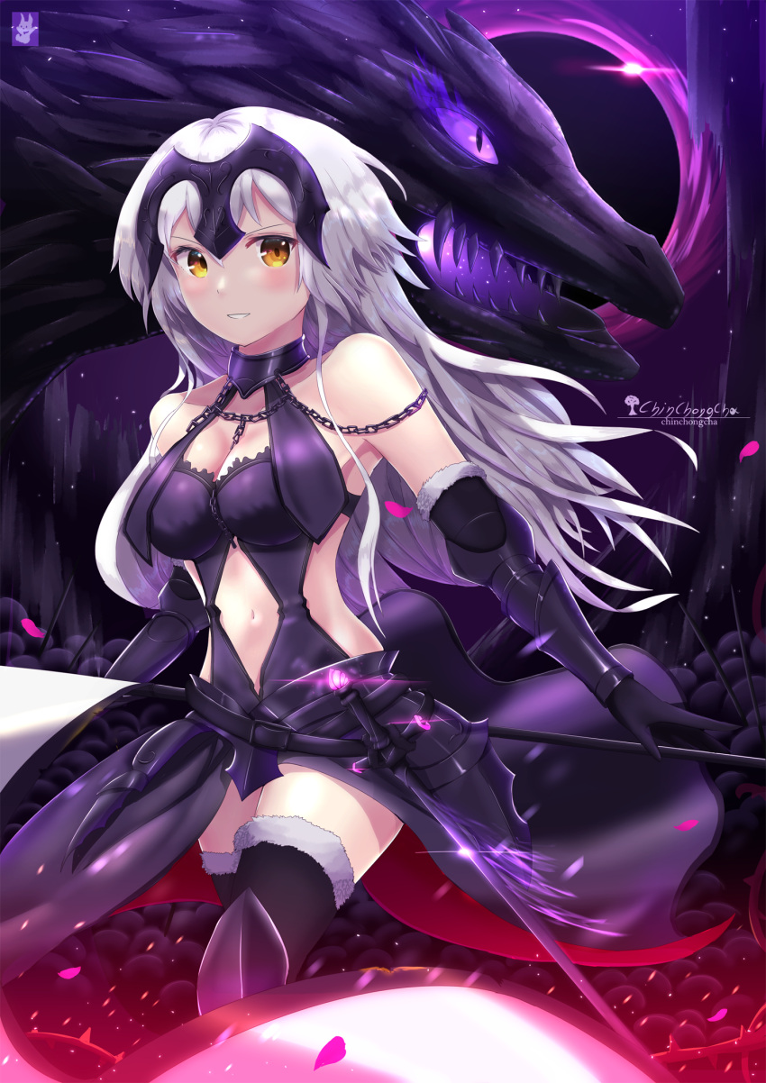 1girl bare_shoulders breasts center_opening chinchongcha cleavage cowboy_shot dragon elbow_gloves fate/grand_order fate_(series) gloves headpiece highres jeanne_d'arc_(alter)_(fate) jeanne_d'arc_(fate)_(all) long_hair looking_at_viewer medium_breasts navel smile solo thigh-highs walking yellow_eyes