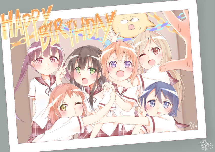 6+girls :d :o ;d bangs black_hair black_neckwear black_ribbon blonde_hair blouse blue_eyes blue_hair blunt_bangs blush brown_eyes closed_mouth commentary_request dated english extra eyebrows_visible_through_hair flat_chest glasses gochuumon_wa_usagi_desu_ka? green_eyes grey_background group_hug hand_on_another's_shoulder happy_birthday hetareeji highres hoto_cocoa hoto_cocoa's_school_uniform hug indoors long_hair looking_at_viewer multiple_girls neck_ribbon one_eye_closed open_mouth orange_hair photo_(object) pink_eyes plaid plaid_sailor_collar plaid_skirt pleated_skirt puckered_lips purple_hair red_sailor_collar red_skirt ribbon sailor_collar school_uniform serafuku short_hair short_sleeves sidelocks signature skirt smile speech_bubble square_mouth sweatdrop ujimatsu_chiya v violet_eyes white_blouse yellow_eyes