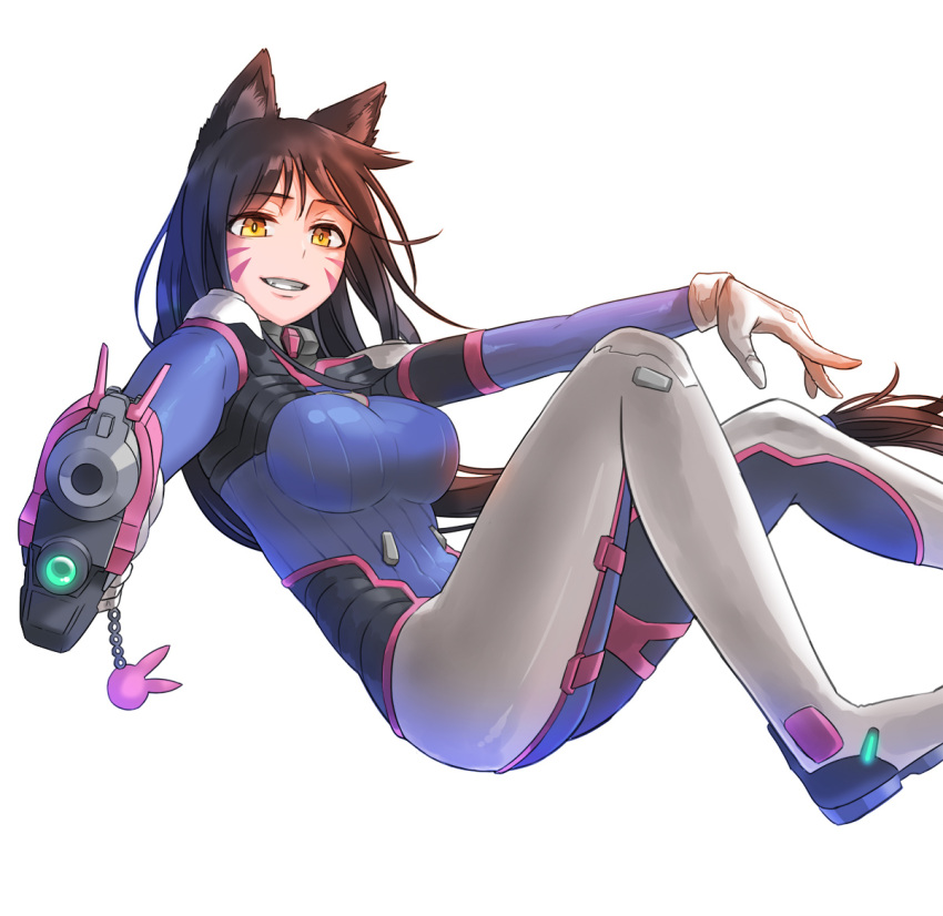 1girl ahri aiming_at_viewer animal_ears bangs blue_bodysuit bodysuit breasts brown_hair charm_(object) commentary cosplay crossover d.va_(overwatch) d.va_(overwatch)_(cosplay) dlausdnr56 eyebrows_visible_through_hair facepaint facial_mark fox_ears fox_girl from_side gloves grin gun handgun high_collar holding holding_gun holding_weapon large_breasts league_of_legends long_hair looking_at_viewer looking_to_the_side no_tail overwatch parted_lips pilot_suit pistol reclining ribbed_bodysuit shoulder_pads simple_background skin_tight slit_pupils smile solo swept_bangs weapon whisker_markings white_background white_gloves yellow_eyes