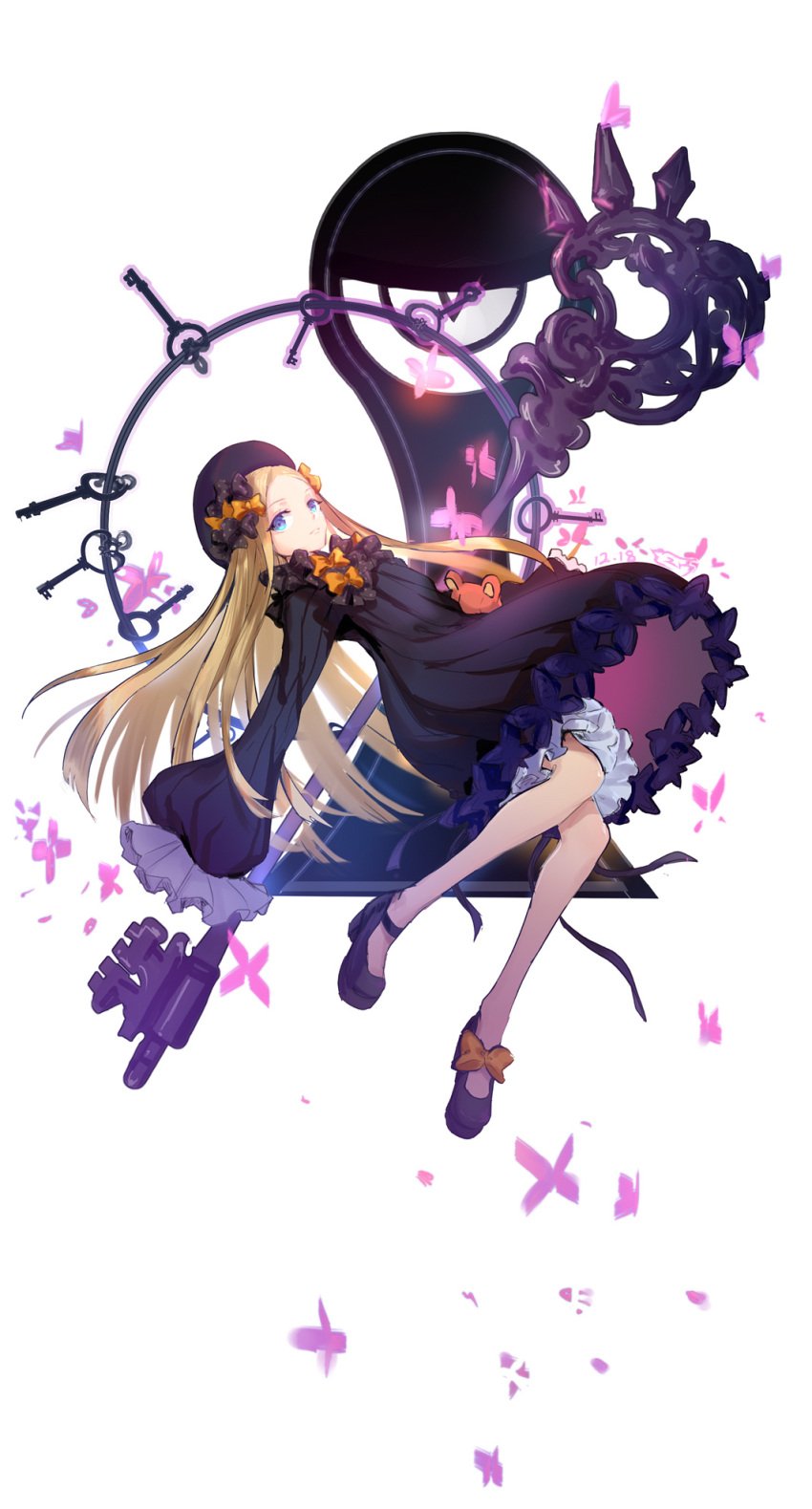 1girl abigail_williams_(fate/grand_order) asukayou bangs black_bow black_dress black_footwear black_hat blonde_hair bloomers blue_eyes bow butterfly commentary_request dated dress fate/grand_order fate_(series) forehead hair_bow hat highres key long_hair long_sleeves looking_at_viewer looking_to_the_side orange_bow oversized_object parted_bangs polka_dot polka_dot_bow shoes signature sleeves_past_wrists solo stuffed_animal stuffed_toy teddy_bear underwear very_long_hair white_background white_bloomers