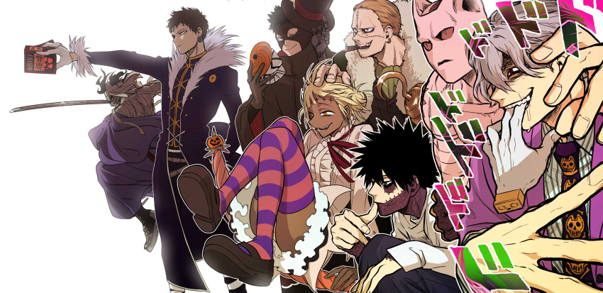 1girl 6+boys absurdres akaguro_chizome bandage black_coat black_footwear black_gloves black_hair blonde_hair blue_eyes blue_pants boku_no_hero_academia book boots bubaigawara_jin cat_skull chisaki_kai chrollo_lucilfer cigar closed_mouth coat cosplay cross crossover d.gray-man dabi_(boku_no_hero_academia) dark_skin death_note denden_(dendenkiribaku) diamond_wa_kudakenai double_bun earrings fangs frilled_shirt frilled_skirt frills fur_collar gloves hand_on_another's_head hat hat_removed headwear_removed highres holding holding_book holding_hat hook_hand hunter_x_hunter jacket japanese_clothes jewelry jojo_no_kimyou_na_bouken katana killer_queen kira_yoshikage kira_yoshikage_(cosplay) l_(death_note) long_sleeves mask mask_removed multiple_boys naruto neck_ribbon necktie one_eye_closed one_piece orange_eyes outstretched_arm pants prosthesis prosthetic_arm pumpkin purple_coat purple_jacket red_eyes ribbon road_kamelot road_kamelot_(cosplay) rurouni_kenshin sako_atsuhiro saliva scar severed_hand shigaraki_tomura shirt shishio_makoto shishio_makoto_(cosplay) shoes short_hair silver_hair sir_crocodile sir_crocodile_(cosplay) skirt smile stand_(jojo) stitches striped striped_legwear sword thigh-highs tobi toga_himiko top_hat uchiha_obito umbrella weapon white_background white_gloves white_shirt yellow_eyes