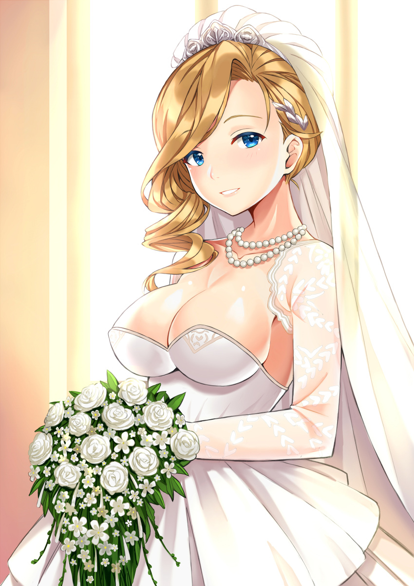 1girl absurdres azur_lane backlighting bare_shoulders bead_necklace beads blonde_hair blue_eyes blush bouquet breasts bridal_veil collarbone cowboy_shot curly_hair dress eyebrows_visible_through_hair flower highres holding holding_bouquet hood_(azur_lane) indoors jewelry large_breasts long_hair looking_at_viewer necklace parted_lips ringlets shitou_(1992116210) smile solo teeth veil wedding_dress white_flower window