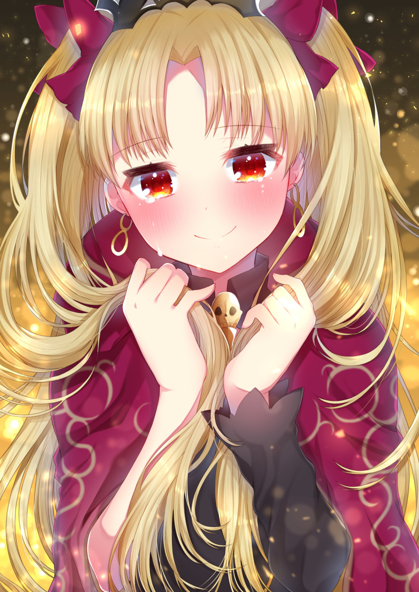 1girl akirannu bangs blonde_hair cape earrings ereshkigal_(fate/grand_order) fate/grand_order fate_(series) hair_ribbon highres hoop_earrings jewelry parted_bangs red_cape red_eyes red_ribbon ribbon single_sleeve skull smile solo tearing_up tiara tohsaka_rin two_side_up upper_body