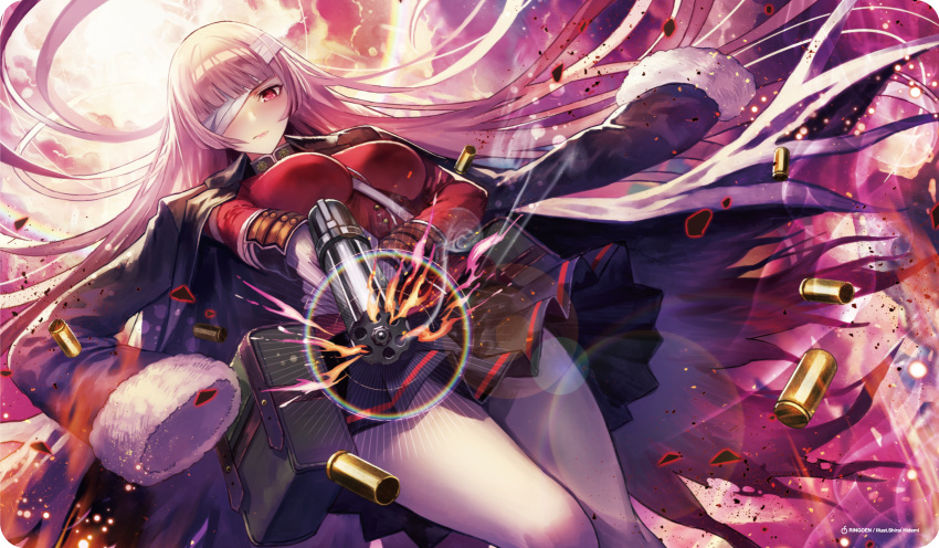 1girl absurdly_long_hair bandage_over_one_eye black_skirt breasts breasts_apart cartridge fate/grand_order fate_(series) firing_at_viewer floating_hair florence_nightingale_(fate/grand_order) from_below gloves gun highres holding holding_gun holding_weapon large_breasts lens_flare long_hair military military_uniform miniskirt pantyhose pink_hair pleated_skirt red_eyes skirt solo standing terai_(teraimorimori) uniform very_long_hair weapon white_gloves white_legwear