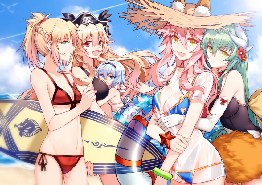 5girls 6+girls :d anne_bonny_(fate/grand_order) bangle bangs bare_shoulders bikini black_bikini black_hairband black_ribbon black_swimsuit blonde_hair blue_bikini blue_eyes blue_sky blush bracelet braid breasts casual_one-piece_swimsuit character_request child cleavage condensation_trail cowboy_shot day ears_through_headwear elbow_gloves eyebrows_visible_through_hair facial_scar fangs fate/grand_order fate_(series) flower french_braid frilled_swimsuit frills front-tie_bikini front-tie_top gloves green_eyes green_hair hair_between_eyes hair_flower hair_ornament hairband hand_on_own_arm hand_up hat horns hug hug_from_behind innertube jewelry kiyohime_(fate/grand_order) kiyohime_(swimsuit_lancer)_(fate) long_hair looking_at_viewer medium_breasts mordred_(fate)_(all) mordred_(swimsuit_rider)_(fate) multiple_girls navel one-piece_swimsuit open_mouth outdoors parted_lips pirate_hat ponytail profile red_bikini red_eyes ribbon scar see-through shirt short_hair short_sleeves side-tie_bikini sidelocks silver_hair skull_and_crossbones sky smile standing stomach straw_hat surfboard swimsuit tamamo_(fate)_(all) tamamo_no_mae_(swimsuit_lancer)_(fate) transparent very_long_hair wet wet_clothes wet_shirt white_bikini white_gloves white_shirt yellow_eyes yorukun