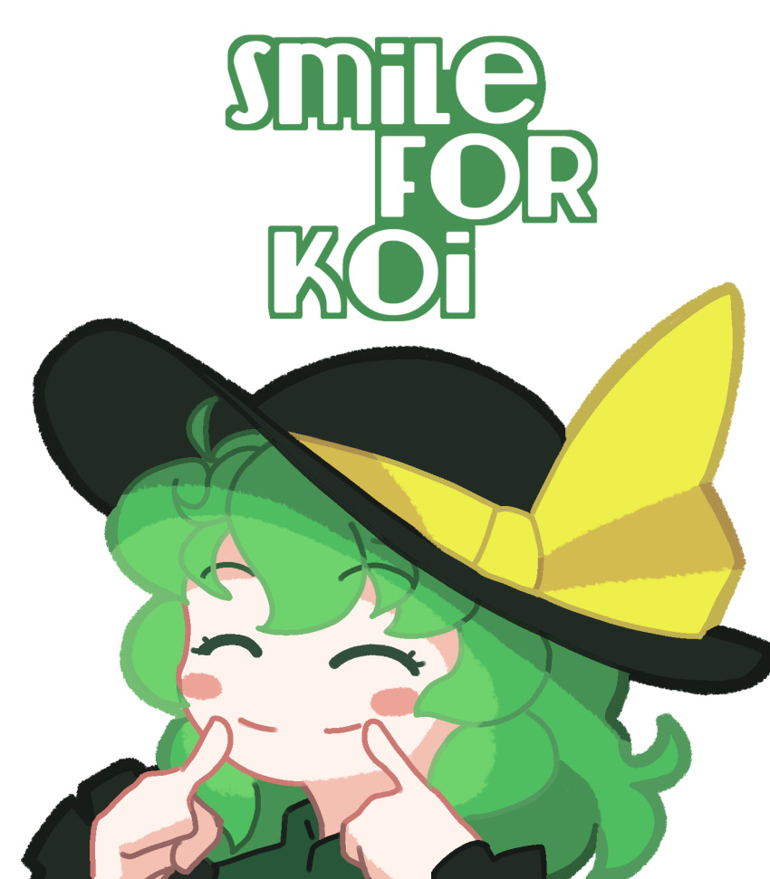 1girl ^_^ black_headwear chefhart closed_eyes closed_mouth commentary_request english_commentary english_text fedora green_hair happy hat hat_ribbon highres komeiji_koishi medium_hair ribbon smile solo touhou yellow_ribbon
