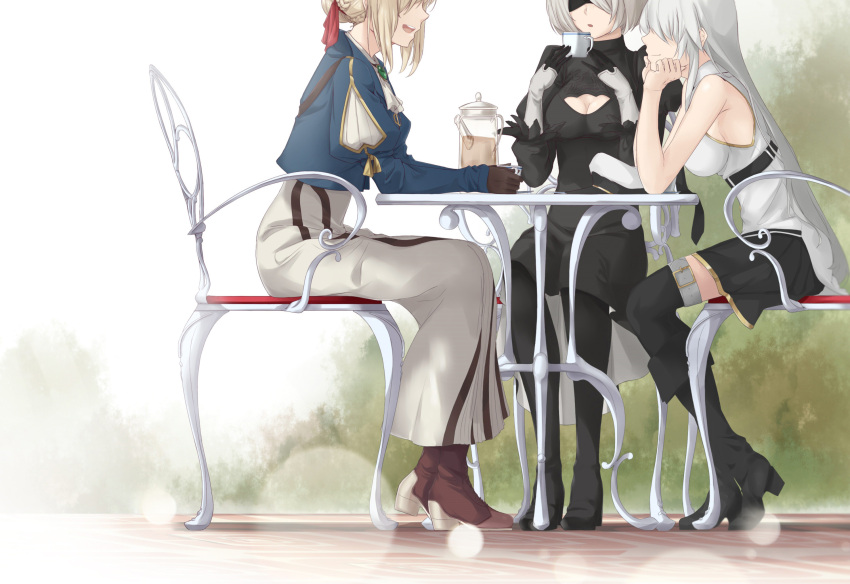 3girls azur_lane bare_shoulders black_clothes black_footwear black_skirt blonde_hair blue_jacket braid breasts brown_footwear chair cleavage_cutout cup enterprise_(azur_lane) faceless gloves hair_ribbon head_on_hand head_out_of_frame highres holding holding_cup ishikawa_yui jacket large_breasts long_hair long_skirt miniskirt multiple_girls necktie nier_(series) nier_automata outdoors pleated_skirt puffy_sleeves ribbon saruno_(eyesonly712) seiyuu_connection shirt sideboob silver_hair sitting skirt sleeveless sleeveless_shirt table tea teacup teapot thigh-highs underbust violet_evergarden violet_evergarden_(character) white_skirt yorha_no._2_type_b