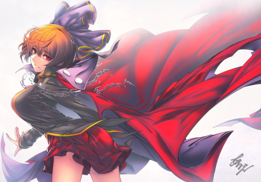 1girl arikanrobo bangs black_blouse blouse blue_bow bow breasts cape chains closed_mouth commentary_request from_side grey_background hair_bow large_breasts light_smile long_sleeves looking_at_viewer miniskirt red_eyes red_skirt redhead ribbon_trim sekibanki signature skirt solo touhou white_background
