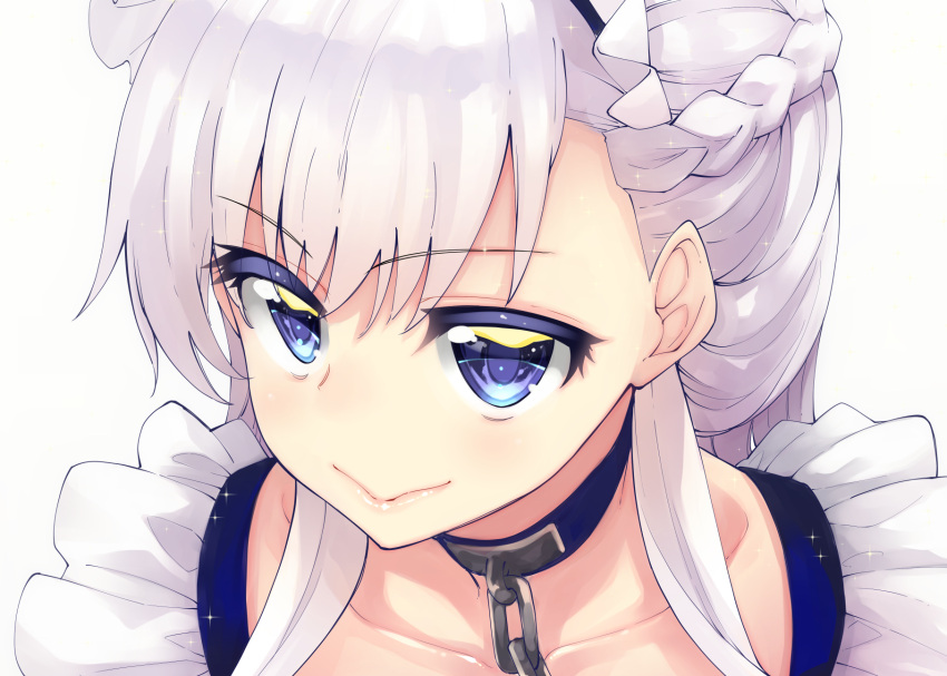 1girl :&gt; akino_sora asymmetrical_bangs azur_lane bangs belfast_(azur_lane) blue_eyes braid chains closed_mouth collar collarbone eyebrows_visible_through_hair frills half_updo highres lips long_hair looking_at_viewer maid maid_headdress simple_background smile solo upper_body white_background