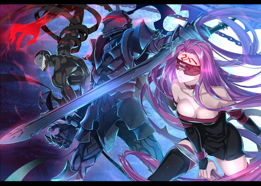 1girl 2boys armor arondight bandage bandaged_arm berserker_(fate/zero) blindfold breasts cleavage collarbone detached_sleeves dress facial_mark fate/stay_night fate/zero fate_(series) forehead_mark full_armor glowing glowing_hand knight large_breasts long_hair mask multiple_boys nameless_dagger purple_hair rider shirtless short_dress skull_mask strapless strapless_dress sword thigh-highs true_assassin very_long_hair weapon ycco_(estrella)