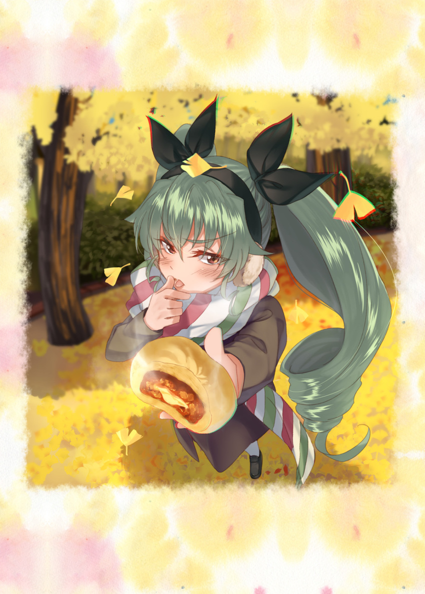 1girl :q anchovy aqua_hair autumn autumn_leaves baozi black_coat black_footwear black_hairband black_ribbon blurry blurry_background blush brown_eyes day depth_of_field drill_hair earmuffs food foreshortening girls_und_panzer hair_ribbon hairband highres kabocha_(monkey4) leaf licking loafers long_sleeves looking_at_viewer multicolored multicolored_clothes multicolored_scarf outdoors pantyhose ribbon scarf shoes solo steam tongue tongue_out twin_drills v-shaped_eyebrows white_legwear