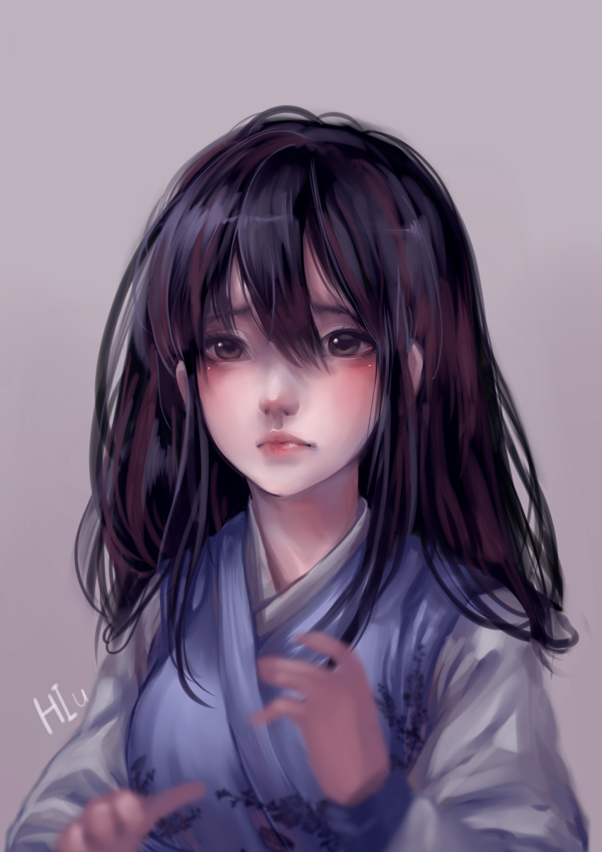 1girl absurdres artist_name bangs black_hair blush brown_eyes commentary_request ekdekd789 eyelashes grey_background hair_between_eyes hanbok hands_up highres korean_clothes lips long_hair nose original red_lips simple_background solo upper_body upset