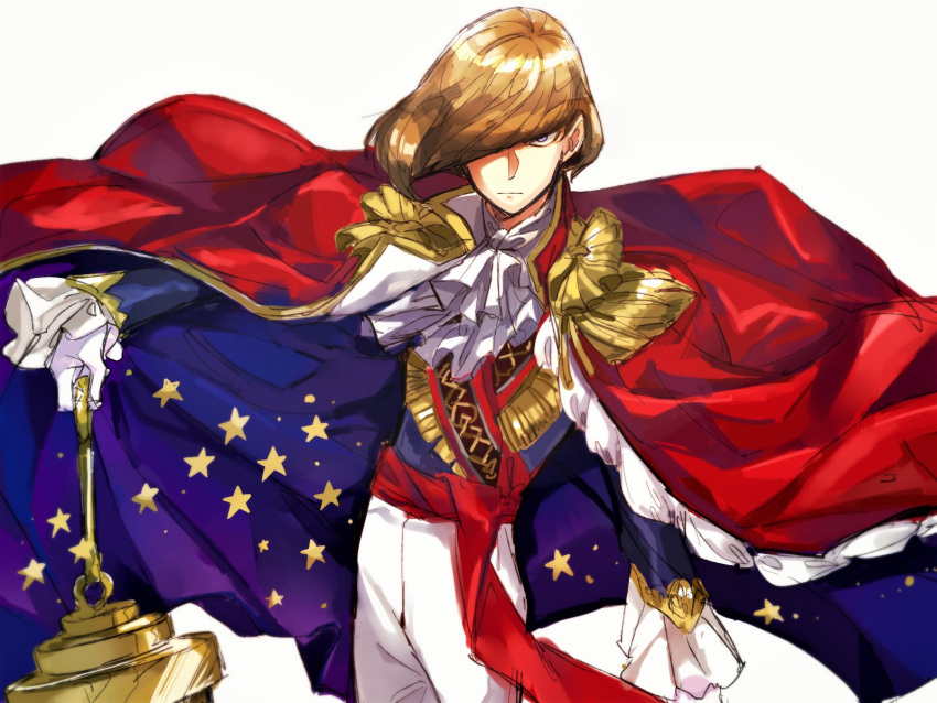 1boy balon_su brown_hair cape hair_over_one_eye highres juuni_taisen juuni_taisen_vs_juuni_taisen looking_at_viewer male_focus mettauchi red_cape scale simple_background solo star star_print white_background
