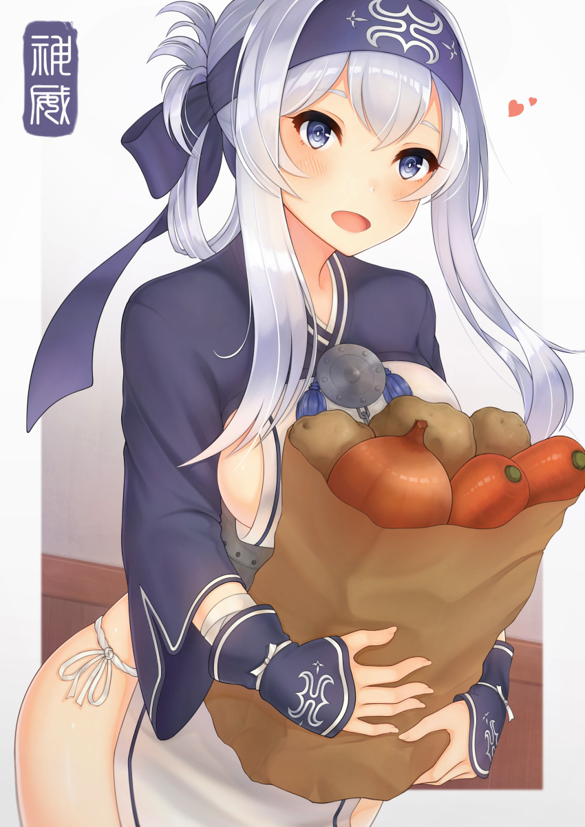 1girl absurdres ainu_clothes bag bandanna blue_eyes blue_hair blue_headband breasts carrot character_name cropped_jacket folded_ponytail fundoshi headband highres japanese_clothes kaleid kamoi_(kantai_collection) kantai_collection onion open_mouth paper_bag potato sideboob sidelocks solo thick_eyebrows white_hair wrist_guards