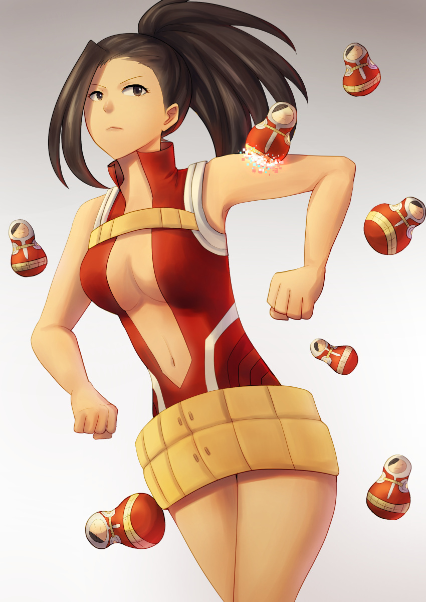 1girl absurdres bangs bare_shoulders belt black_hair boku_no_hero_academia breasts brown_eyes cleavage clenched_hand collar dress expressionless floating_object grey_background highres lips marlitza matryoshka_doll navel red_dress short_dress simple_background solo thighs yaoyorozu_momo