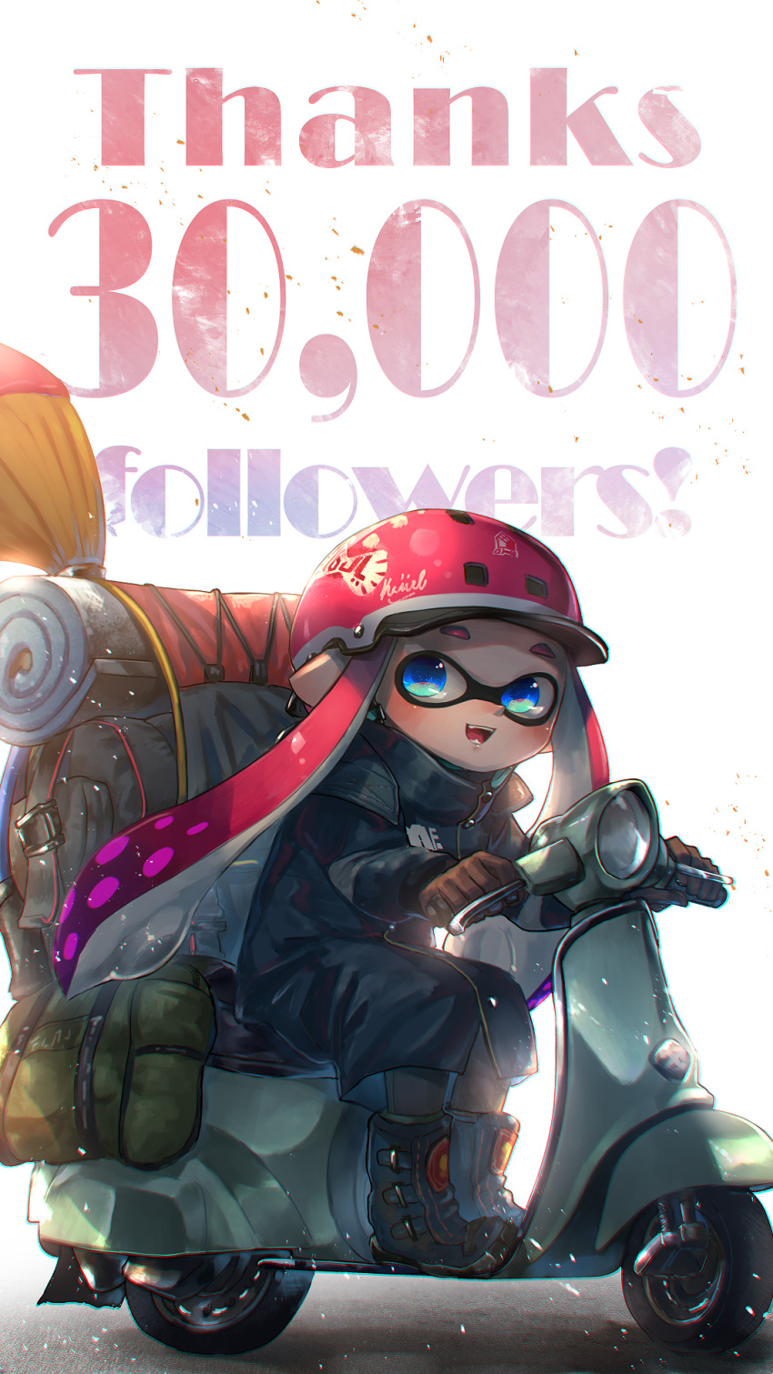 1girl :d backlighting bag black_coat black_footwear blue_eyes boots brown_gloves buckle coat commentary_request domino_mask driving english fangs floating_hair followers full_body gloves ground_vehicle headlight helmet high_collar highres inkbrush_(splatoon) inkling kashu_(hizake) long_hair long_sleeves looking_at_viewer mask mat monster_girl moped motor_vehicle number open_mouth pink_hair pointy_ears short_eyebrows sitting smile solo splatoon splatoon_2 tentacle_hair thank_you white_background