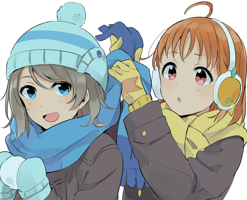 2girls :d :o ahoge beanie blue_eyes blue_scarf coat commentary_request copyright_request earmuffs gloves grey_hair hat highres long_sleeves love_live! love_live!_sunshine!! mittens monsieur multiple_girls open_mouth orange_hair parted_lips red_eyes scarf simple_background smile takami_chika watanabe_you white_background winter_clothes winter_coat yellow_gloves yellow_scarf